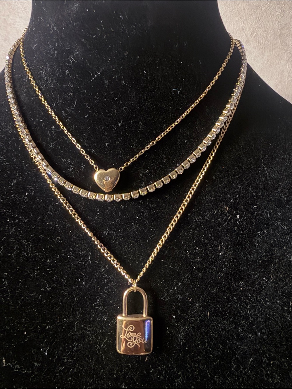 Gold Tone Layered Heart and Padlock Necklace Set